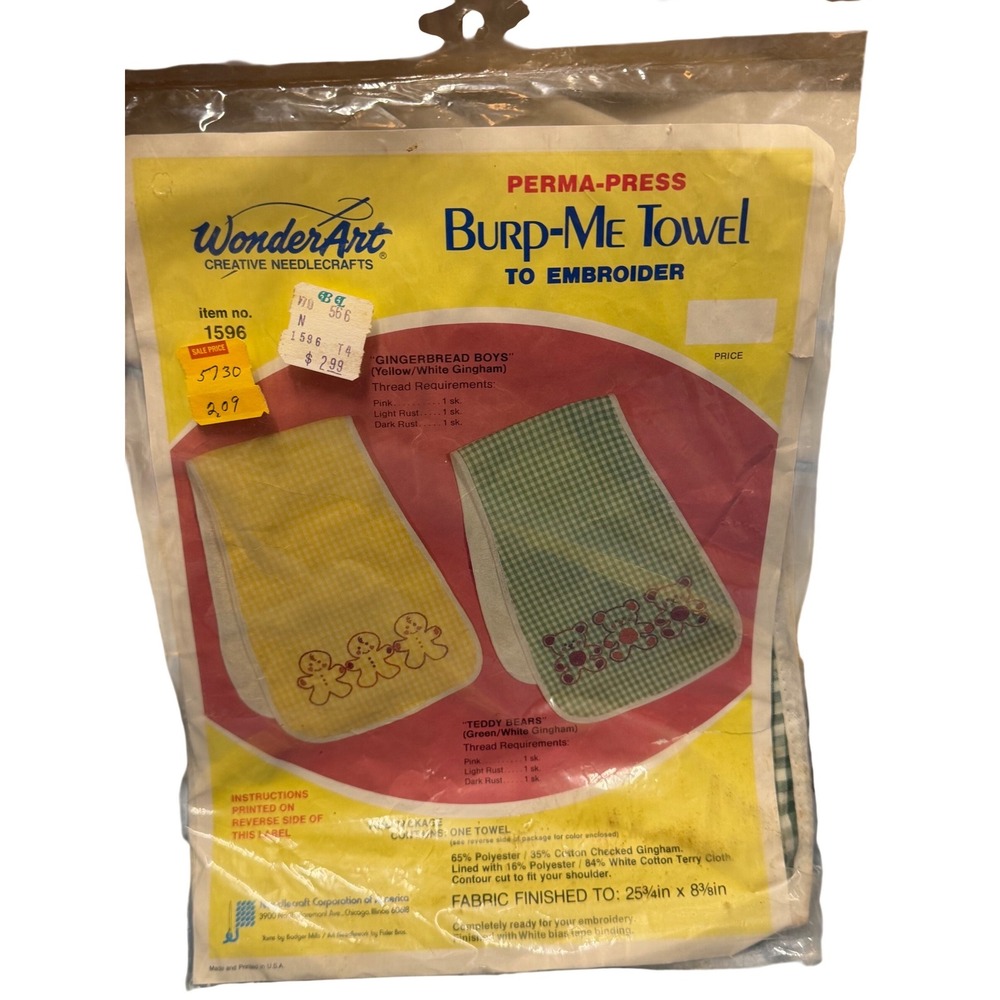 Vintage WonderArt Burp-Me Towel to Embroider Green Gingham Teddy Bears Kit 1596